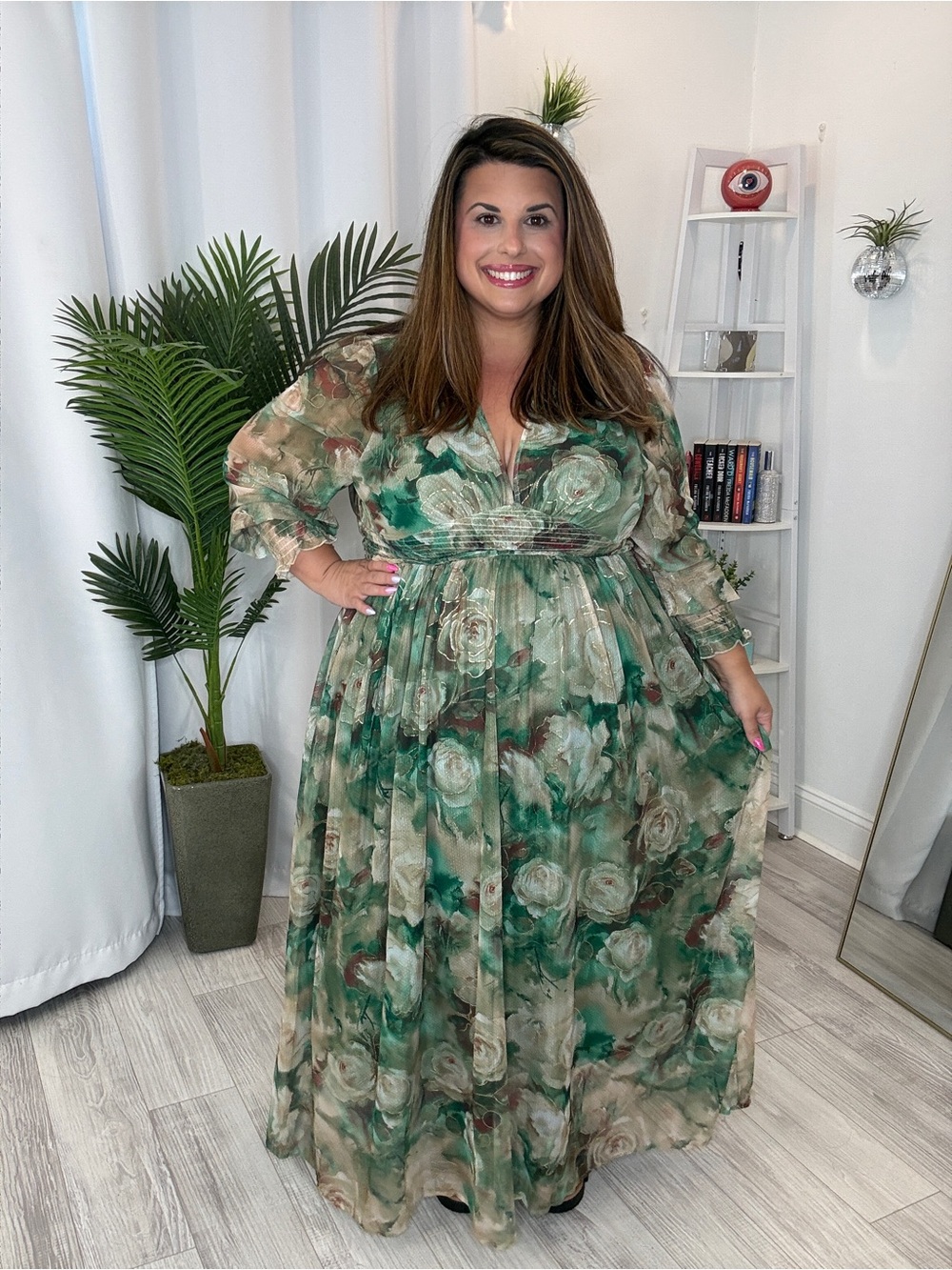 Plus Size Floral Chiffon Maxi Dress in Green
